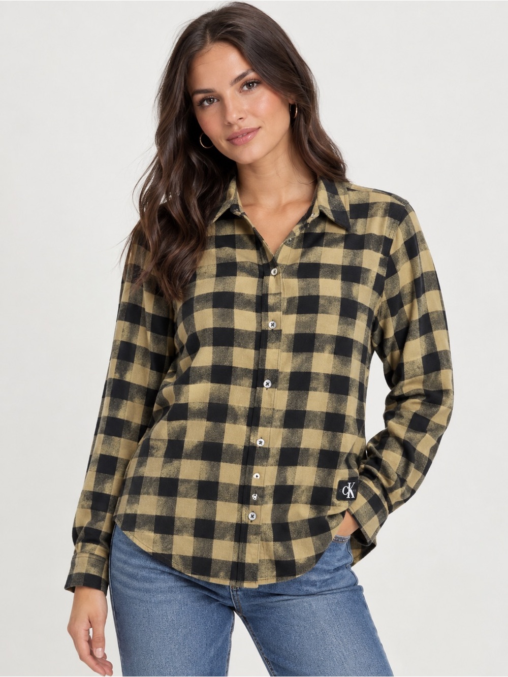 Calvin Klein Jeans Tan Black Buffalo Check Plaid Flannel Button Down Shirt M